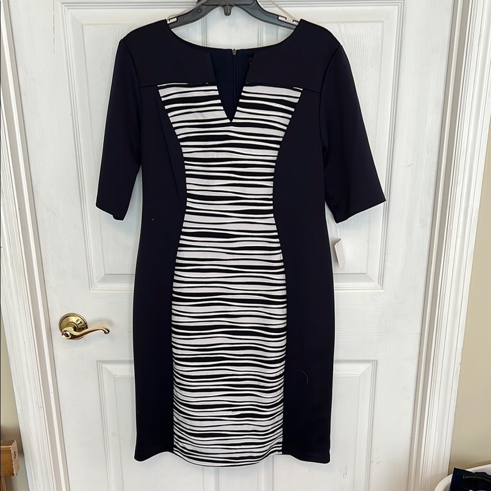 Connected Apparel Black and White Midi Sheath Dress with Crew Neck